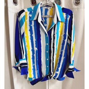 Mischa Womens Top Large Button Up Tie Front Artsy Art Deco Retro Striped 17913